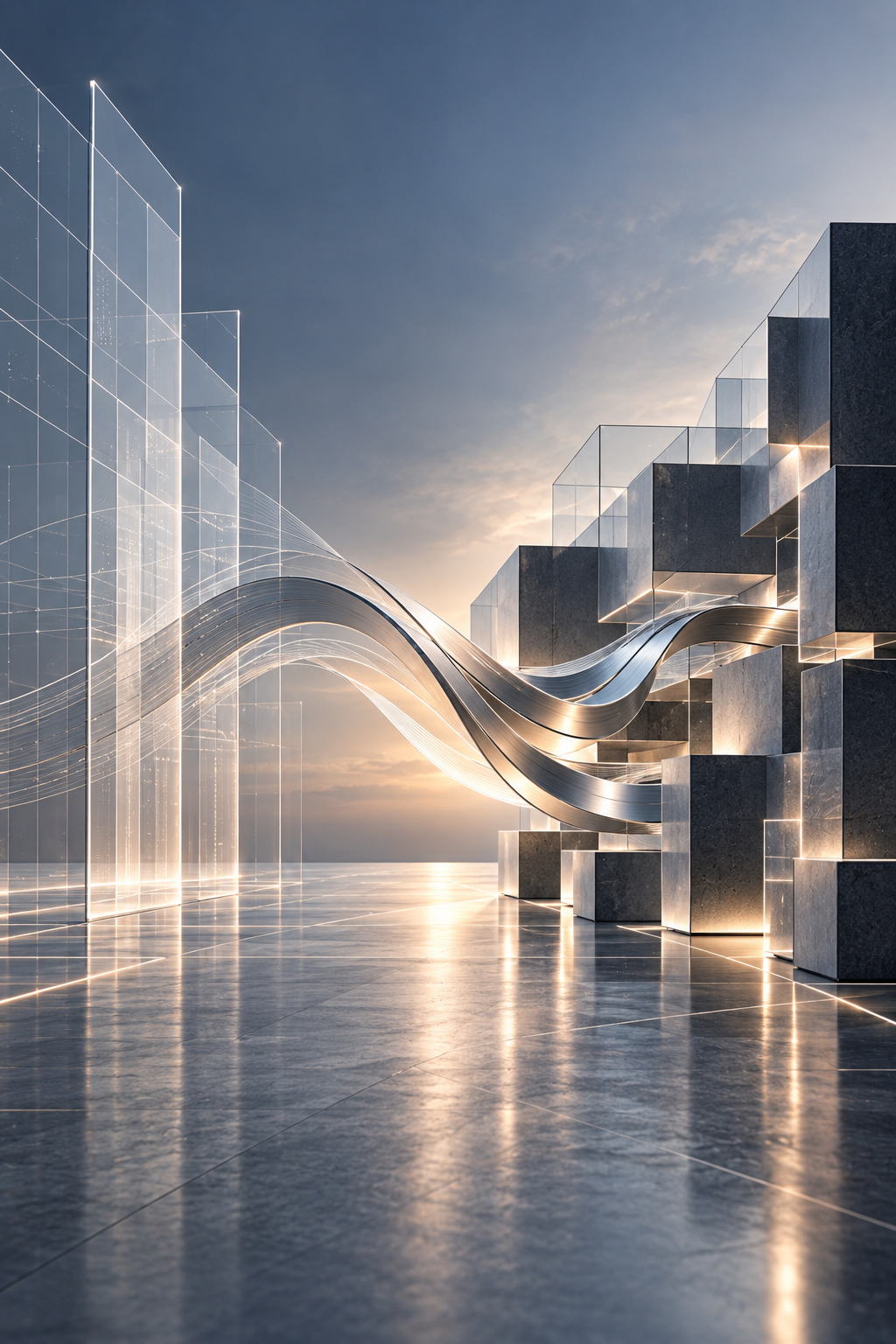 Abstract render: translucent glass panels on the left, a ribbon of brushed metal bands sweeping through the centre, and solid dark blocks lit along their seams on the right, all reflected in a polished floor