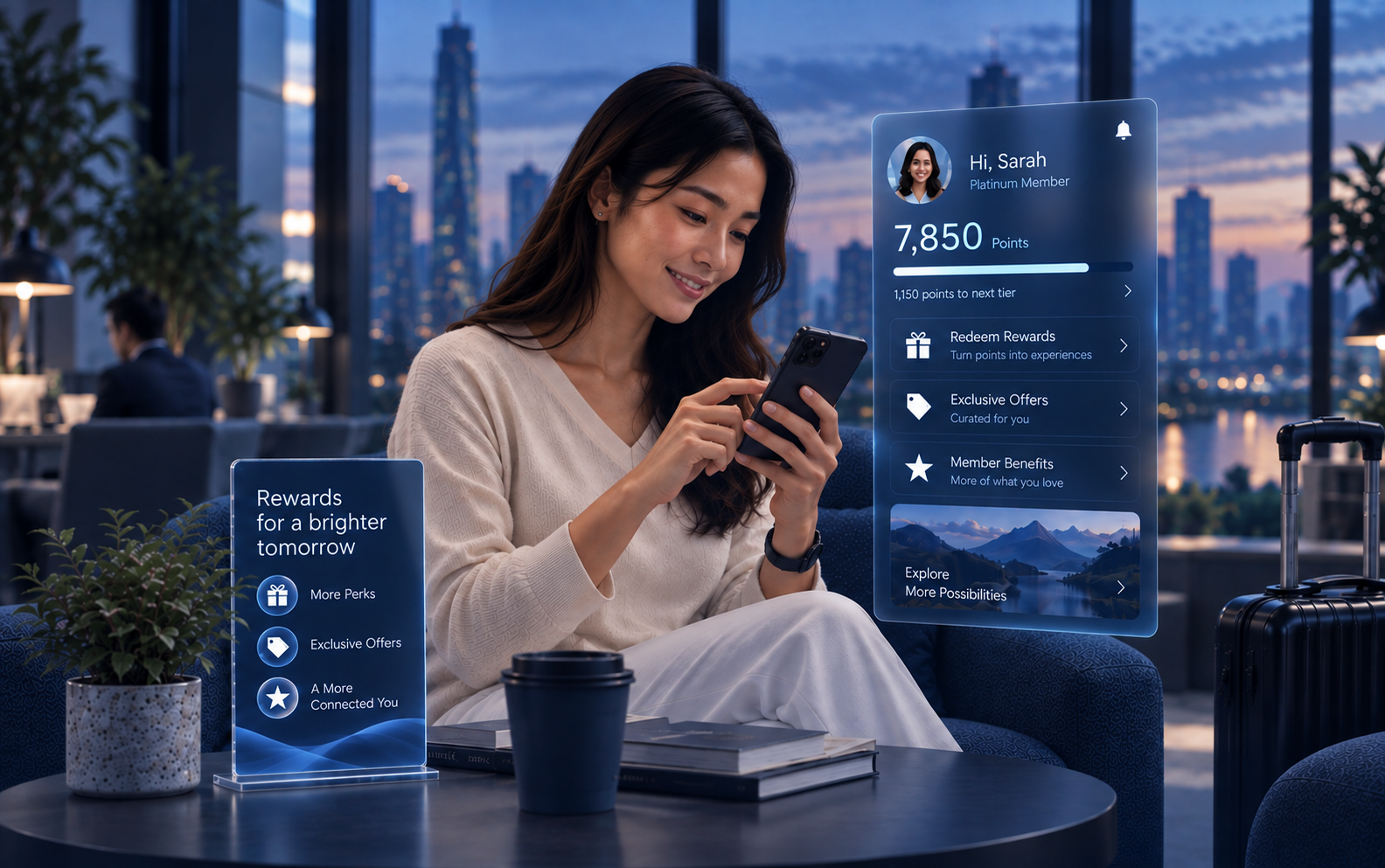 Photograph of a woman viewing a loyalty rewards app with points, offers and member benefits on her phone